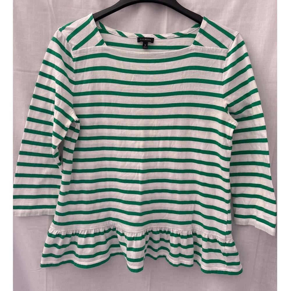 Talbots Striped Ruffle Hem Peplum Top Green White Americana Picnic Top Medium